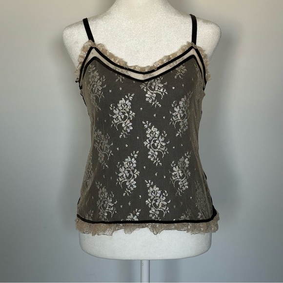NY & Company Black Cami Metallic Lace Overlay Y2K Party Tank Top Medium - Picture 5 of 6